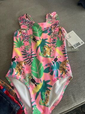 H&M Pink Tropical Animal Print One-Piece Swimsuit with Ruffle Straps